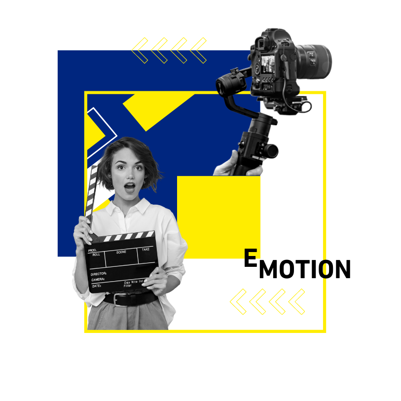 Collage Frau mit Filmklappe und Kamera repräsentiert Video-Leistungen der TANNER-E-Learning-Agentur für B2B