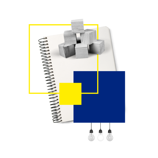 Grafik Bausteine und Glühbirnen repräsentieren unsere Kompetenz für die Konzeption von E-Learning