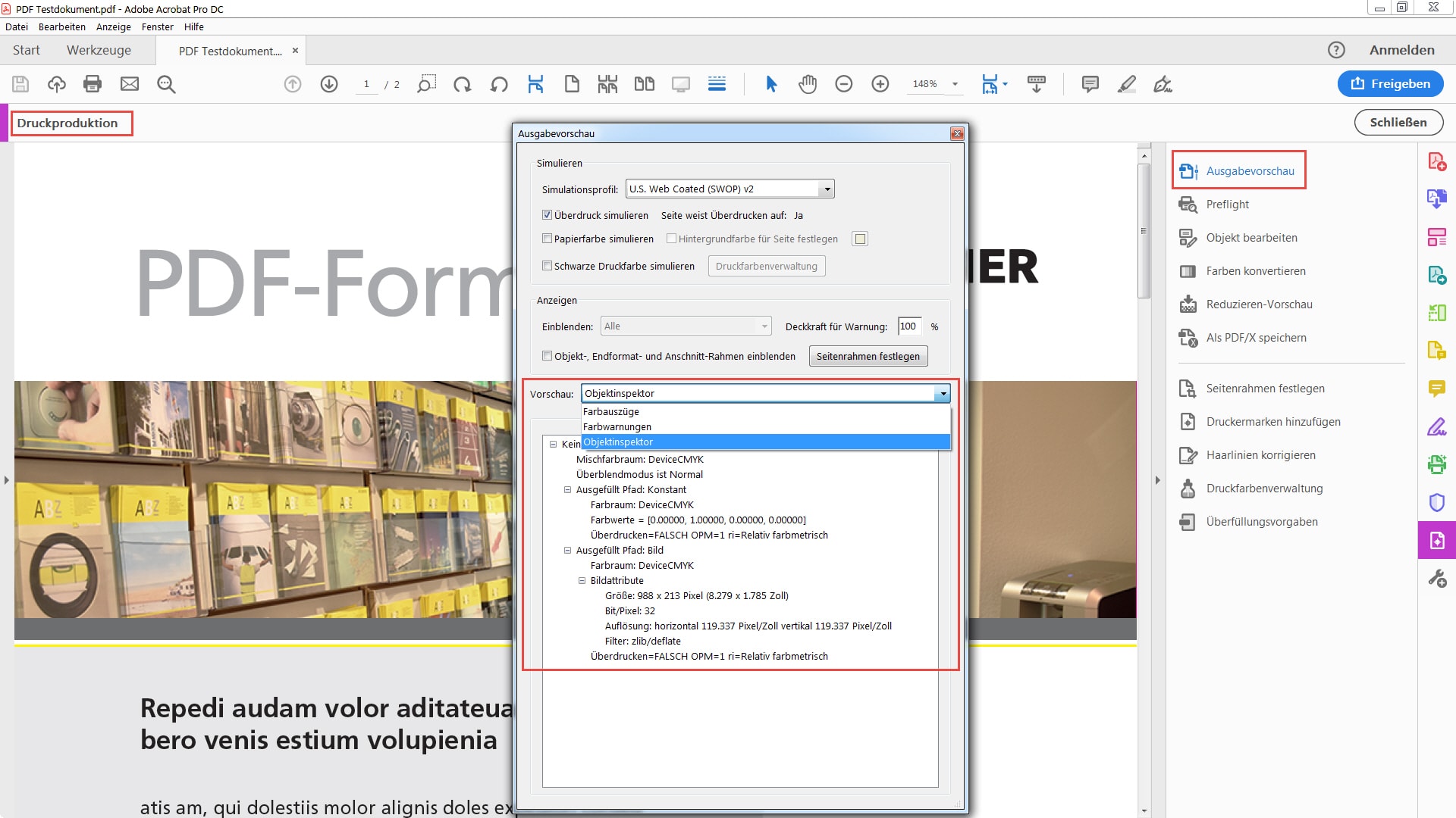 Screenshot Adobe PDF Objektinspektor