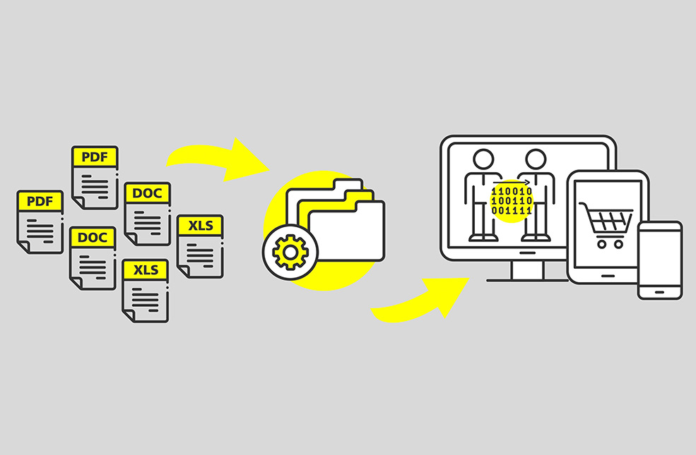 Grafik, die zeigt, wie Dokumente digitalisiert und für BIM oder E-Commerce verfügbar werden